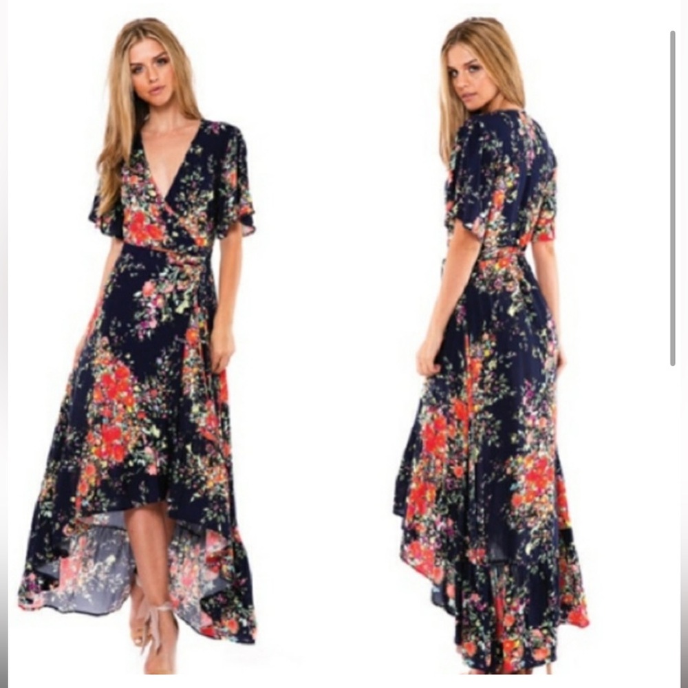 On the Road Faye Navy Floral Print High-Low Wrap Dress